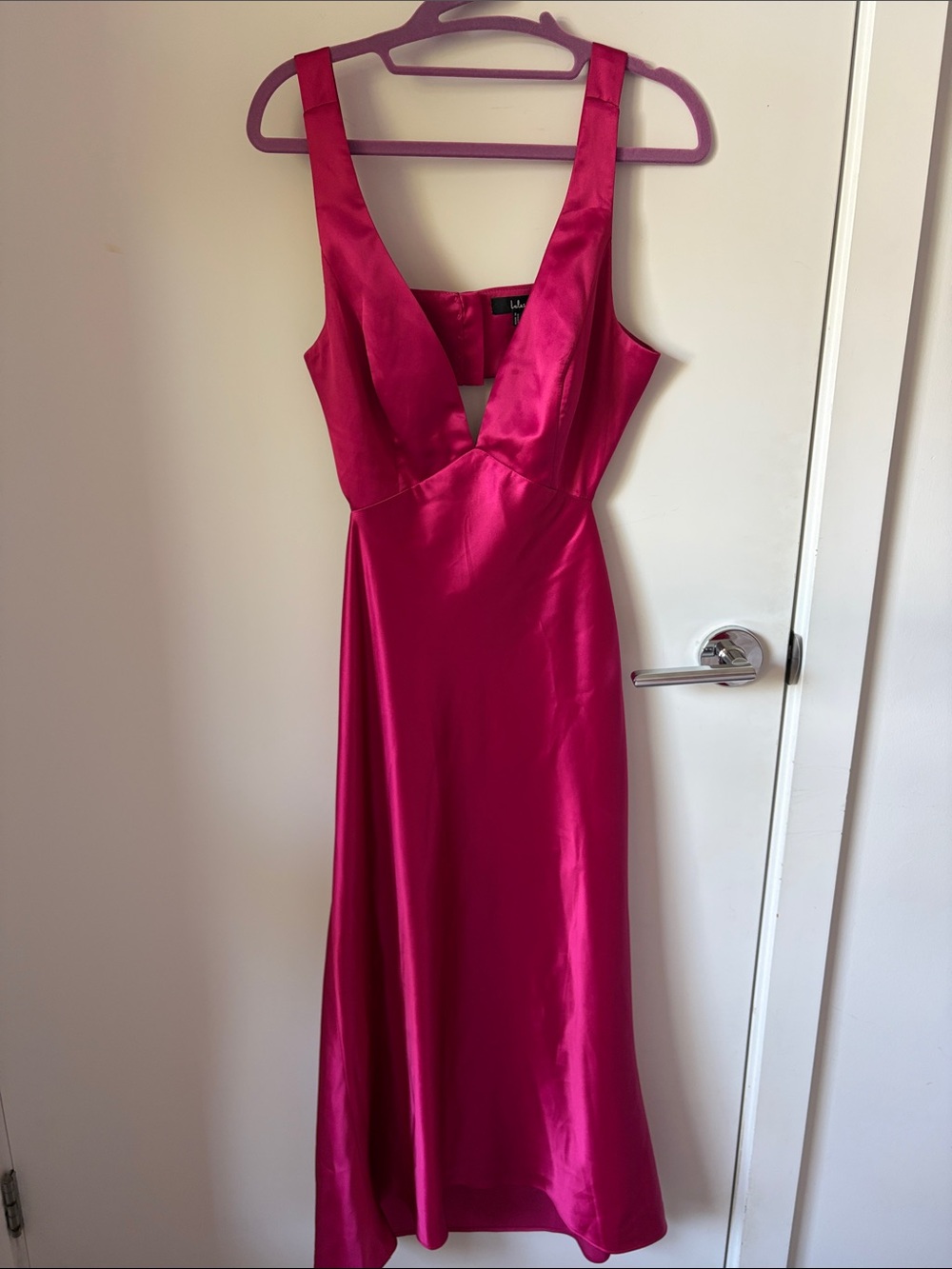 Lulu's Fuchsia Satin V-Neck Maxi Dress